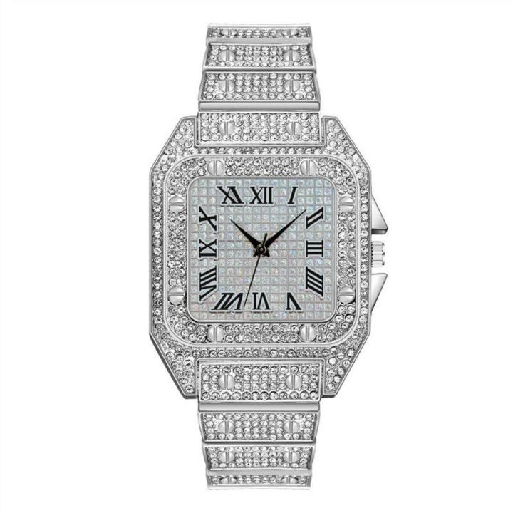 Men's Golden Watches Luxury Rhinestone Roma Dial Square Quartz Watch for Men Stainless Steel Wristwatches Relogio Masculino