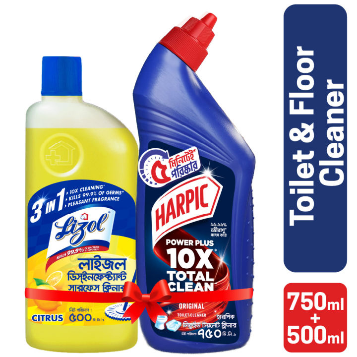 Harpic Toilet Cleaner 750ml and Lizol Citrus 500ml Double Surokkha Combo