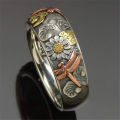 SC Vintage Gothic Sunflower Totem Rings Man Antique Silver Wide Band Rings Fashion Engraved Flower Dragonfly Rings for Men.