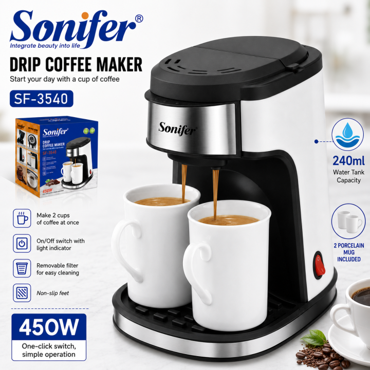 Sonifer SF-3540 affordable home use 220V electric filter 2 cups drip coffee maker set