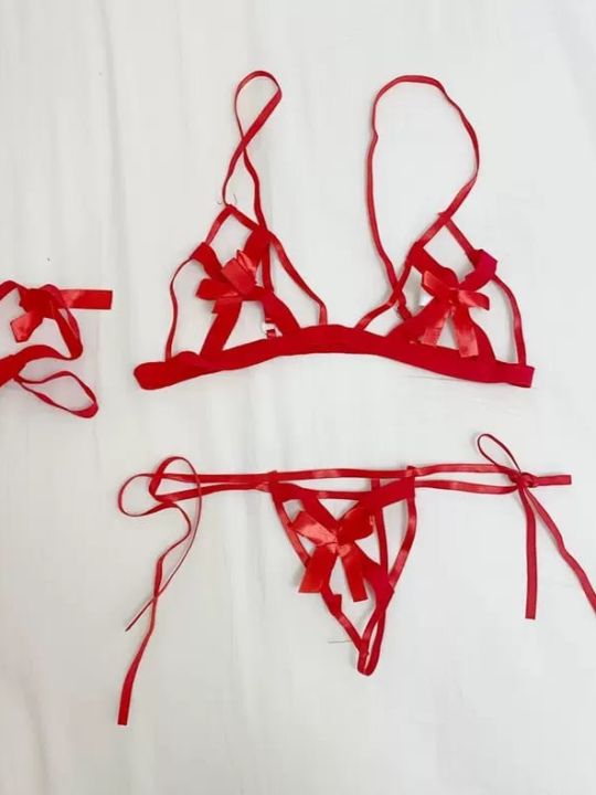 Lingerie  perspective red bow knots  three-point sexy BSDM RED