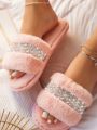Winter Luxury Rhinestone Women Warm Fur Slippers Cozy Fluffy Furry Slides Crystal Flat Indoor Design Home Shoes Ladies 43. 