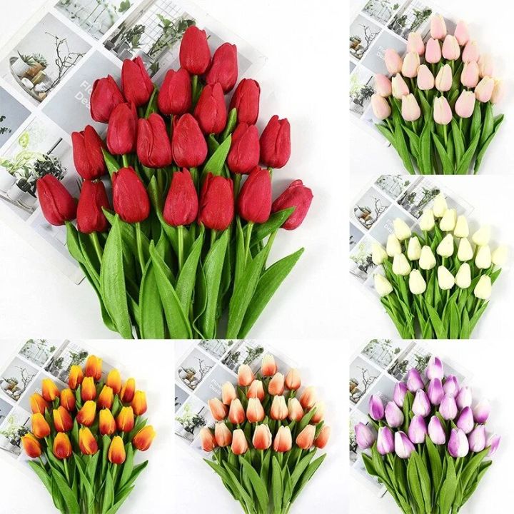 10Pcs/set Artificial Tulips Flower Lifelike Realistic Plastic Faux Silk Floral Simulation for Home.