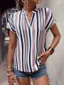 Europe and the United States women's summer multi-colored striped casual shirt V-neck short sleeve.