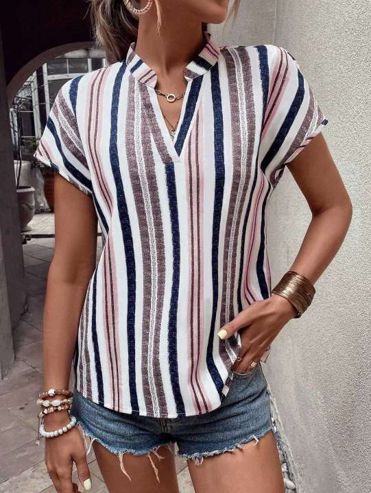 Europe and the United States women's summer multi-colored striped casual shirt V-neck short sleeve