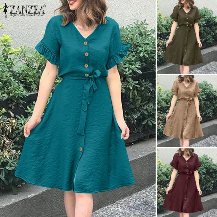 ZANZEA%20Women%20Short%20Sleeve%20Button%20Up%20A-Line%20Sundress%20Party%20Summer%20Belted%20Long%20Midi%20Dress%20#15%20-%20Image%205