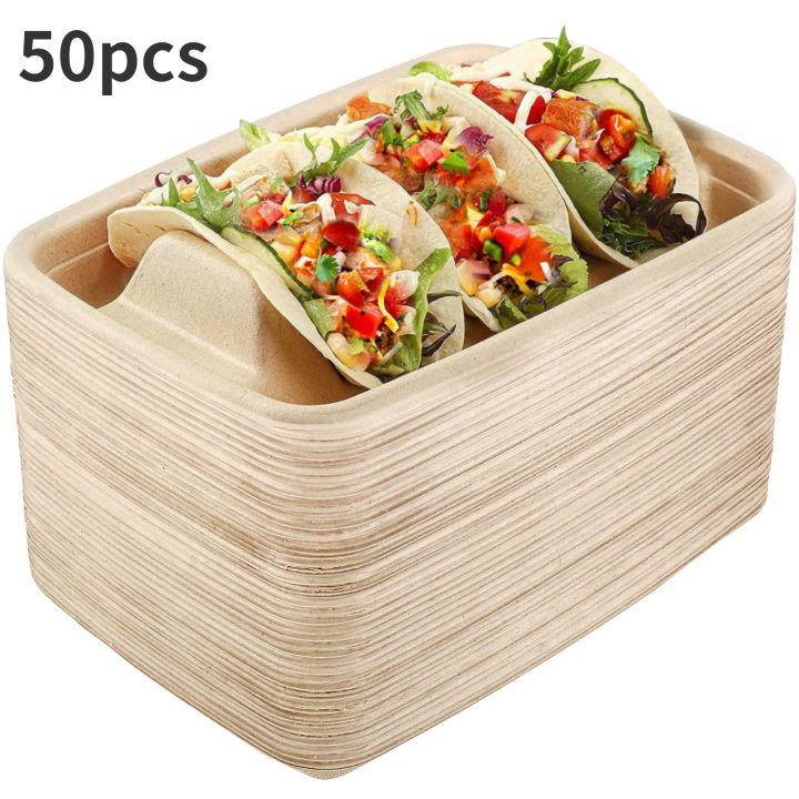 50Pcs Taco Plates Reusable 3 Compartments Taco Serving Plates Stackable Taco Tray Holder No Mess Taco Plates Keeps Your Tacos