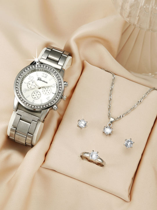 NEW%205pcs%20Luxury%20Fashion%20Women%20Watch%20Set%20Alloy%20Strap%20Ladies%20Quartz%20Wristwatch%20Rhinestone%20Alloy%20Bracelet%20For%20Ladies%20Gift%20KEEMEEUYZO%20-%20Image%203