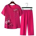 Middle-Aged and Elderly Women's ClothingTSummer Imitation Cotton and Linen Mother's Clothes Two-Piece Suit Mother-in-Law60Years Old70GrandmaTT-shirt Pants. 