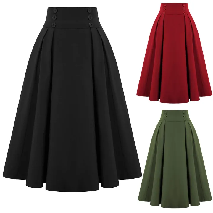 JAYCOSIN%20Women%20Fashion%20Skirt%20With%20Pockets%20Vintage%20High%20Waist%20Pleated%20Skirt%20Casual%20Solid%20Ankle-Length%20Vintage%20Skirt%20For%20Women%20-%20Image%203