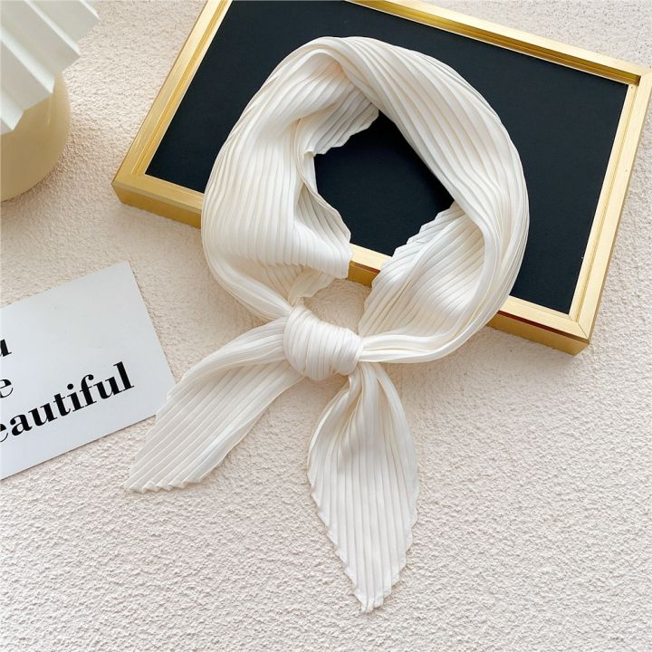 2022 Pleated Satin Scarf for Women Neckerchief Ribbon Square Skinny Hair Tie Band Kerchief Satin Foulard Scarves Headscarf