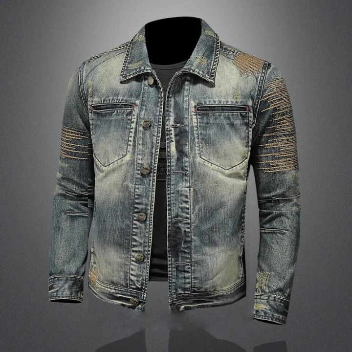 2023High-end%20Fashion%20Handsome%20Trend%20Personality%20Embroidered%20Vintage%20Denim%20Coat%20Done%20Old%20Yellow%20100%25%20Cotton%20Formal%20Four%20Seasons%20-%20Image%202