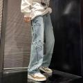 New Men's Star Embroidered Fashion Loose Jeans Y2K High Street Hip Hop Stretch Soft Straight Wide Leg Denim Trousers Male. 