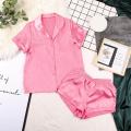 Women Sleepwear Summer Pajama Set Pink Turn Down Collar Faux Silk Satin Blue Short Sleeve Casual Female Pijama Home Wear Shorts. 