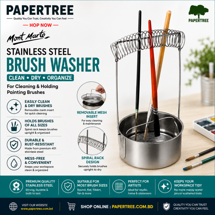 Mont Marte Stainless Steel Brush Washer for Cleaning & Holding Painting Brushes