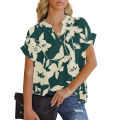 Summer New Women's Loose Printed Short Sleeve V Collar Button Chiffon Shirt.