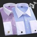 New M~6XL Cotton Men's French Cuffs Business Long Sleeve Shirt Stripes Comfortable Standard Elegant Formal Shirts Cufflink Top.