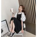 Fashion suit women's 2023 Korean version of loose and thin polka dot top + slip dress two-piece set of slightly chubby women's clothing. 