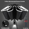 Fully Automatic Reverse Folding Umbrella With LED Flashlight 10Ribs Windproof Reflective Stripe UV Umbrellas For Sun Or Rain Day.