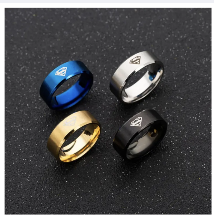 Laser logo men's superman stainless steel ring superhero trendy men's jewelry wholesale
