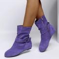 Frosted Ankle Boots Women Soft Leather Pleated New Fall Winter 2024 Warm Boots Non-slip Comfy Purple Plus Size 43 Women's Boots.