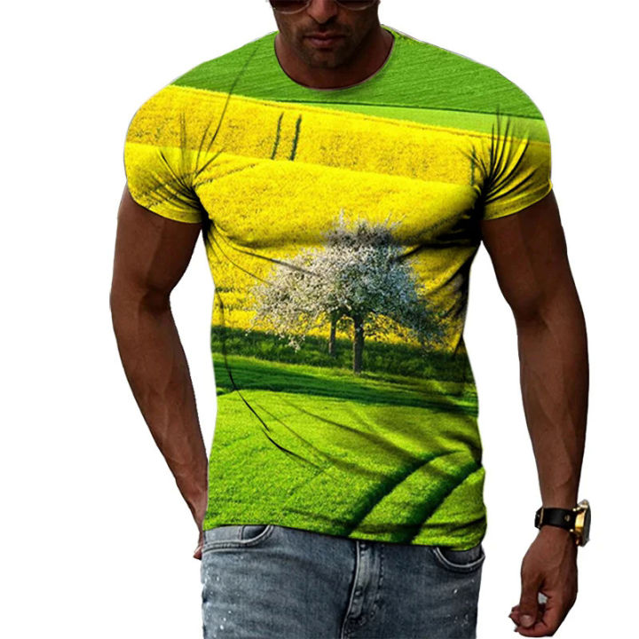 Summer%20New%20Terrace%20Pattern%20Printed%20Men's%20T-shirt%20Casual%20Pastoral%20Quality%20Short-sleeved%20Classic%20Round%20Neck%20Loose%20Quick-drying%20Top%20-%20Image%205
