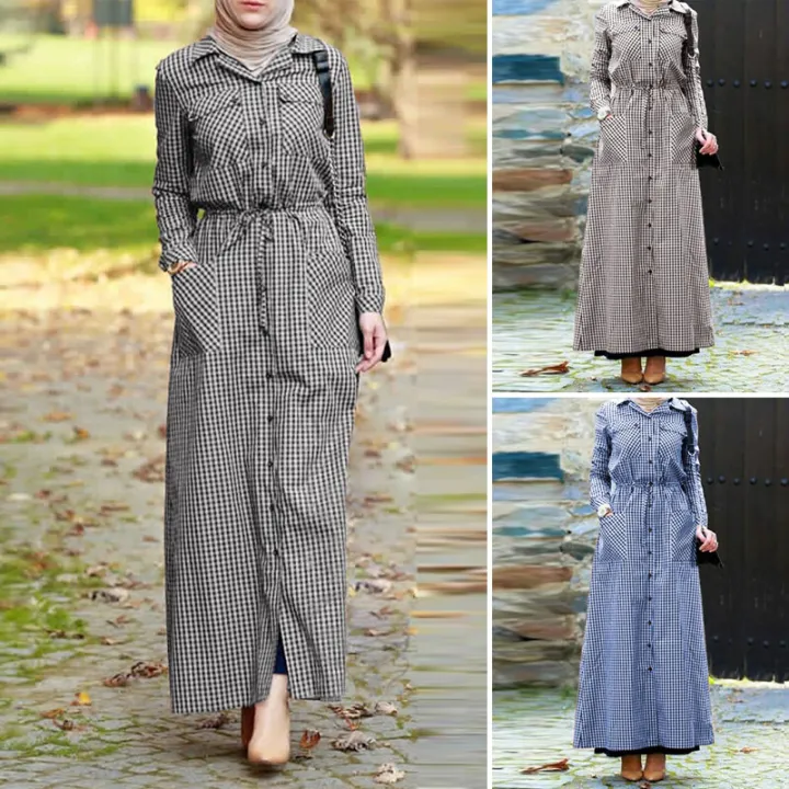 ZANZEA%20Muslimah%20Women%20Muslim%20Long%20Sleeve%20Check%20Plaid%20Pocket%20Floaty%20Kaftan%20Tunic%20Maxi%20Abaya%20Dress%20-%20Image%203