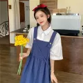 Preppy Style Suspender Skirt Outfit Girls' Summer Korean Style Loose All-Matching Slimming Mid-Length Strap Dress Fashion. 