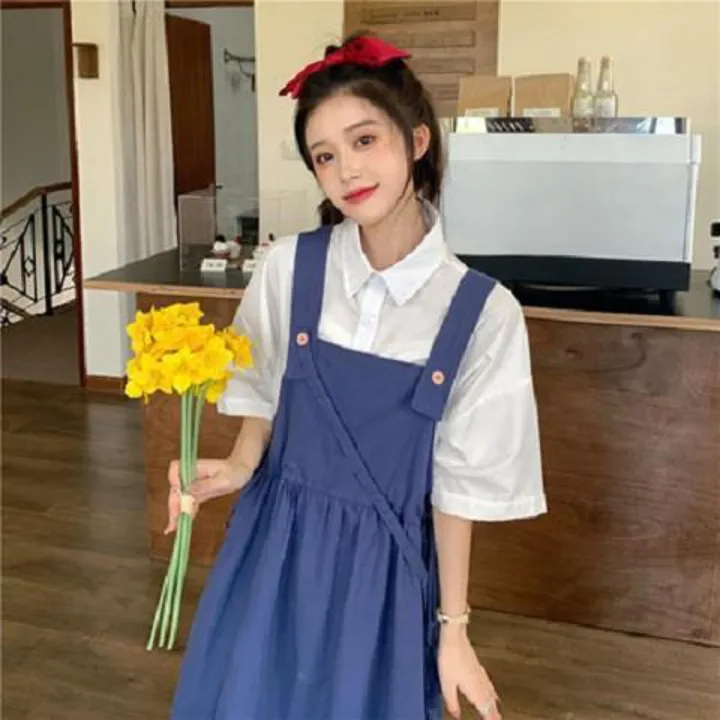 Preppy Style Suspender Skirt Outfit Girls' Summer Korean Style Loose All-Matching Slimming Mid-Length Strap Dress Fashion