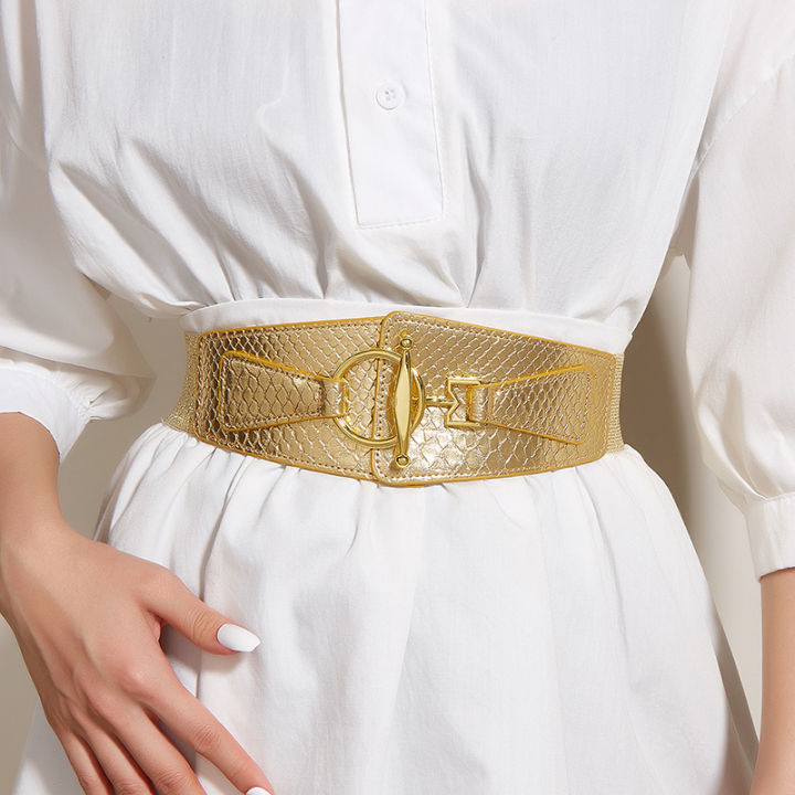 Fashion Golden Wide Belts For Women Lady Metal Buckle Elastic