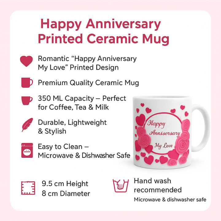Happy Anniversary Ceramic Mug – Romantic Printed Coffee Cup Gift for Husband, Wife, Couples | Stylish Love Mug with Heart & Rose Design | Perfect Anniversary Gift for Him & Her INTE-2459