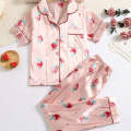 Girls' summer sleepwear thin design children's baby strawberry color Ding ice silk cool and cute home clothes two piece set. 
