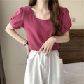 Puff Sleeve T Women's Summer T-shirt 2023 New French Style Design Low round Neck Slim-Fit Slimming Short-Sleeved Student Top. 
