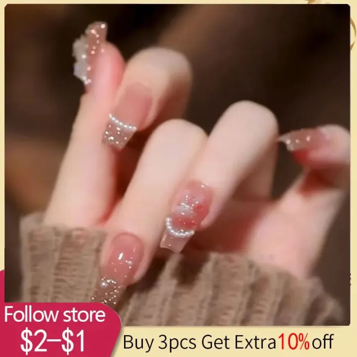 24pcs False Nails Coffin Almond Artificial Nails With Glue Full Cover Korean Nail Tips Press On Nails Sweet Summer Manicure