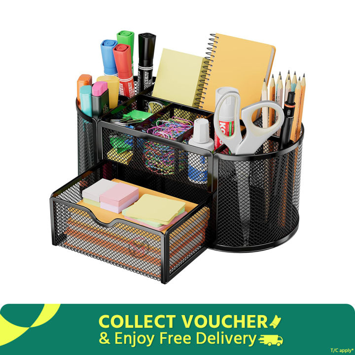 Black Metal Mesh Desk Organizer Pen Stand with Drawe
