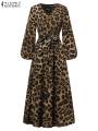 Printed Robe Dress Party Ve Fashion Maxi Dress Vintage Women's Long Sleeve Leopard Print Dress ZANZEA Fall Slip Dress stidos Women's V-Neck. 