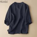 Women V Neck 3/4 Sleeve Solid Shirt 2023 Casual Loose Blouse - Cotton Blusas.