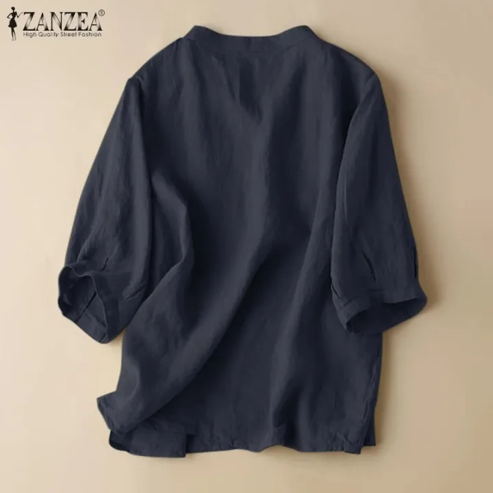 Women%20V%20Neck%203/4%20Sleeve%20Solid%20Shirt%202023%20Casual%20Loose%20Blouse%20-%20Cotton%20Blusas%20-%20Image%205