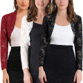 Women Floral Lace Cardigan, Adults See-through Scalloped Long Sleeve Crop Tops (Black, White, Red). 