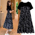 【sought-after】 Women's T-shirt two Pcs Korean style Summer Dress Mid-Length Floral Printed Boho Casual Daily Chiffon floral black Dress. 