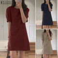ZANZEA Korean Style Women Holiday Party Solid Mini Dresses Office Work Puff Sleeve Sundress #10. 