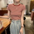 M61 Summer Clothing 2023 New French Style Sweet and Spicy Style Inner Bottoming Shirt Shoulder T Women's Striped T-shirt Shory Style Shirt.