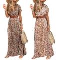 Fashion Boho Long Dress for Women V Neck Short Sleeve Paisley Print Belt Large Hem Beach Long Dress Elegant Women's Dress.