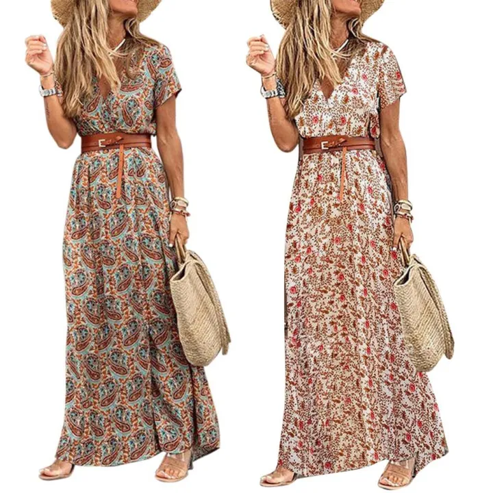 Fashion%20Boho%20Long%20Dress%20for%20Women%20V%20Neck%20Short%20Sleeve%20Paisley%20Print%20Belt%20Large%20Hem%20Beach%20Long%20Dress%20Elegant%20Women's%20Dress%20-%20Image%203