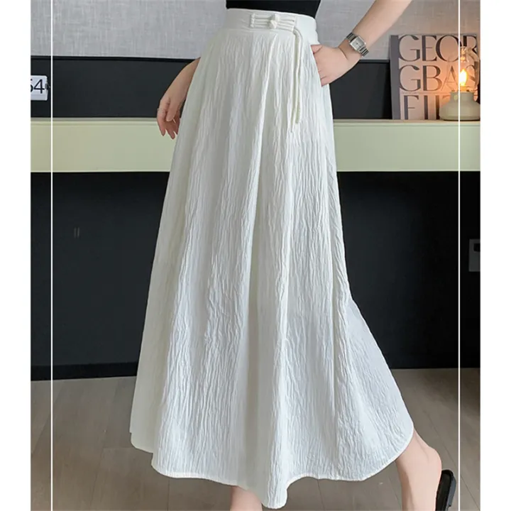 Seoulish%20Cotton%20Pleated%20Long%20Skirts%20for%20Women%202024%20New%20Summer%20Spring%20Elegant%20Solid%20Elastic%20High%20Waist%20A-Line%20Midi%20Skirts%20Female%20-%20Image%203