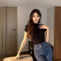 Pure Desire White Half Turtleneck Shoulder Knitted Short Sleeve T Women's T-shirt 2023 Summer Tight Waist Short Hot Girl Top. 