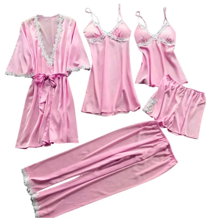 5pcs%20Silk%20Robe%20Set%20Women%20Lace%20Pajamas%20Gown%20Set%20V-Neck%20Nighties%20Wear%20Home%20Nightwear%20Pijama%20Sleepsuit%20Spring%20Nightdress%20-%20Image%202