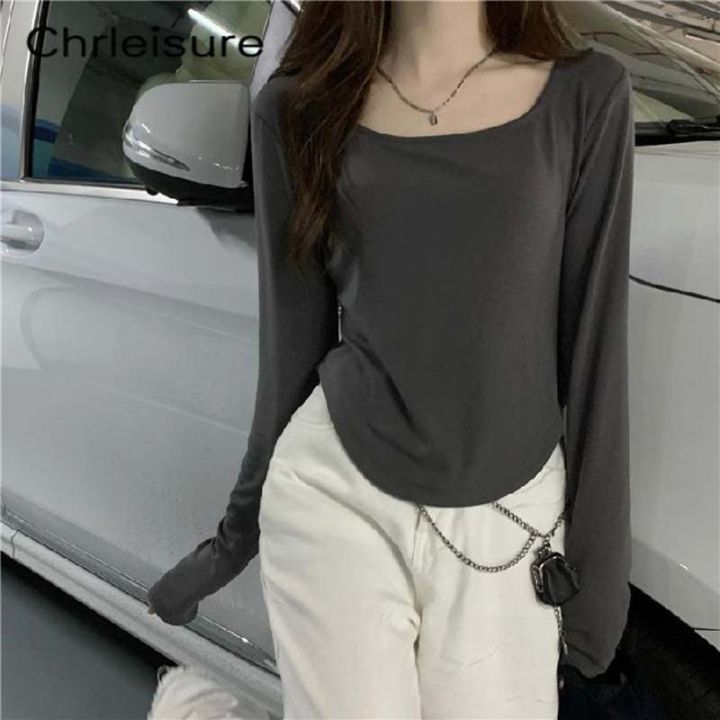 CHRLEISURE%20Women%20Irregular%20T-Shirts%20Long%20Sleeve%20Casual%20Spring%20Autumn%20Solid%20Crop%20Tops%20Square%20Neck%20Fashion%20Slim%20Tees%20Shirts%20New%20-%20Image%207