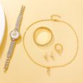6PCS Set Watch Full Diamond Fashion Women Quartz Watch Ring Necklace Earrings Rhinestone Watches Bracelet Set Clock for Female.