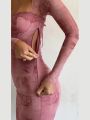 Women Fashion Lace Patchwork Print Dress Backless Drawstring Tie Bodycon Long Robes Elegant Ladies Evening Party Vestidos.
